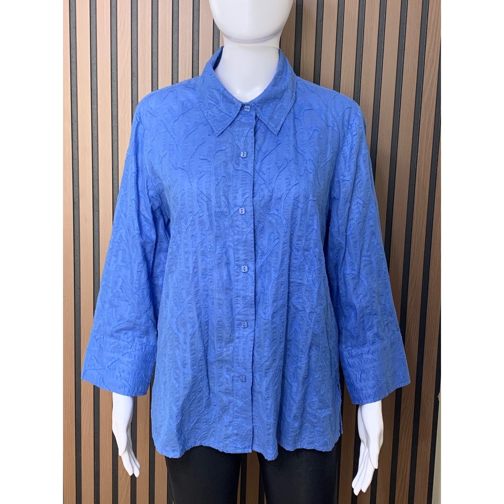Coldwater Creek Blue Coral Texture Cotton Button Down Shirt PXL Lagenlook